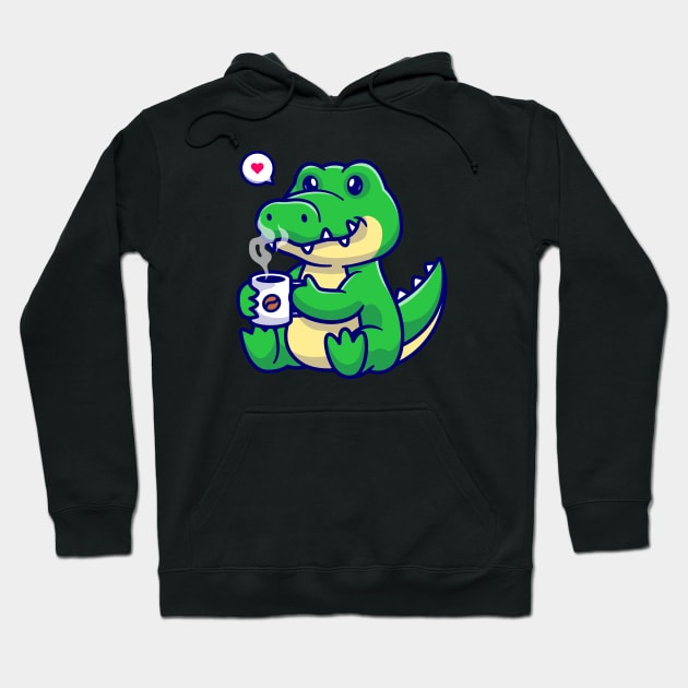 Cute Crocodile Drinking Coffee Cartoon Hoodie by Catalyst Labs